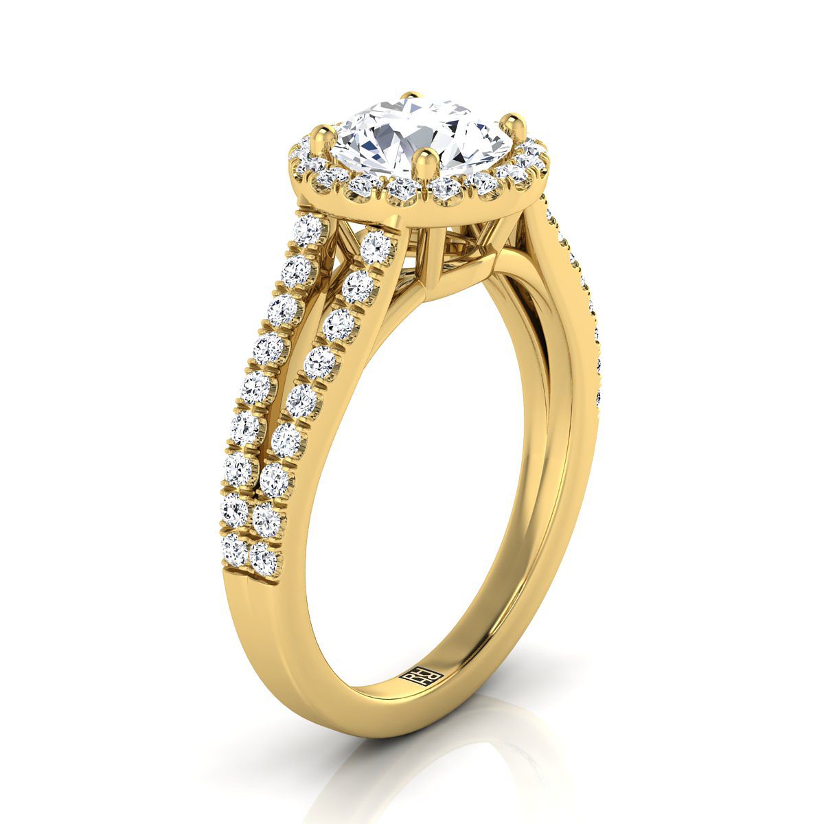 18K Yellow Gold Round Brilliant Split Shank and Diamond Pave Halo Engagement Ring -1/2ctw