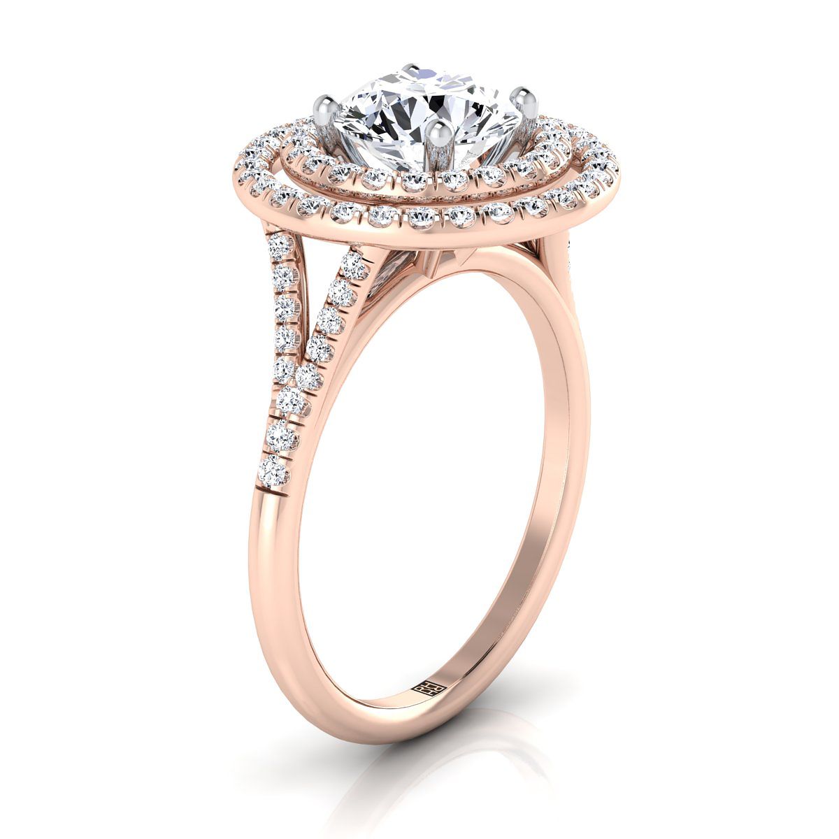 14K Rose Gold Round Brilliant Double Halo Diamond Split Shank Pave Engagement Ring -1/2ctw