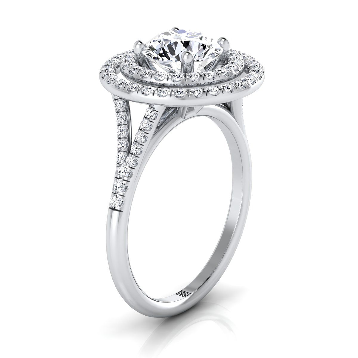 Platinum Round Brilliant Double Halo Diamond Split Shank Pave Engagement Ring -1/2ctw