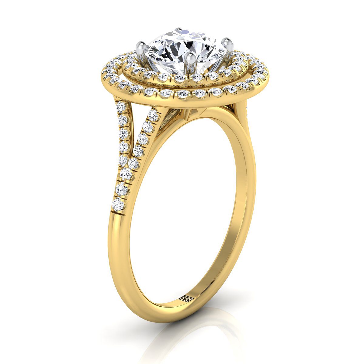 18K Yellow Gold Round Brilliant Double Halo Diamond Split Shank Pave Engagement Ring -1/2ctw