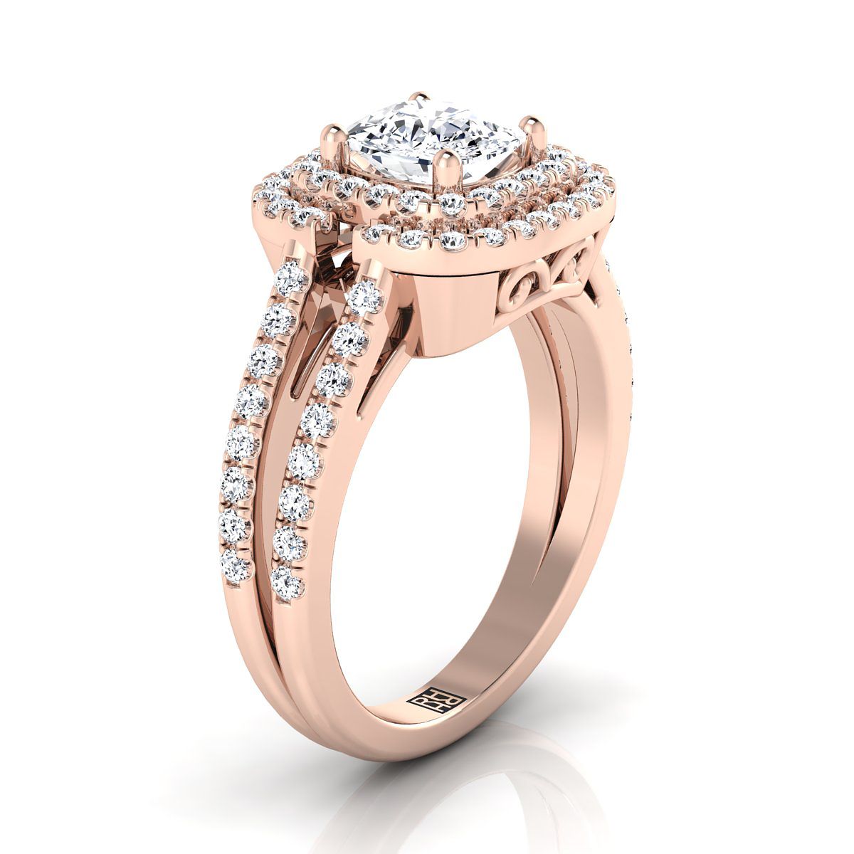 14K Rose Gold Cushion เปิดเพชรคู่แถวแยกก้านและแหวนหมั้น Halo -5/8ctw