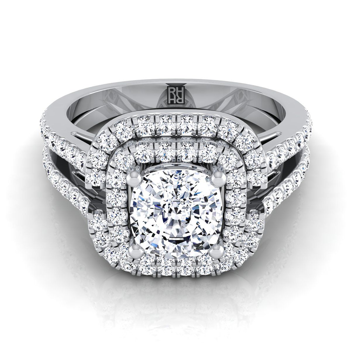 Platinum Cushion Open Double Diamond Row Split Shank และ Halo Engagement Ring -5/8ctw