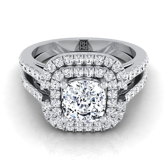 Platinum Cushion Open Double Diamond Row Split Shank and Halo Engagement Ring -5/8ctw