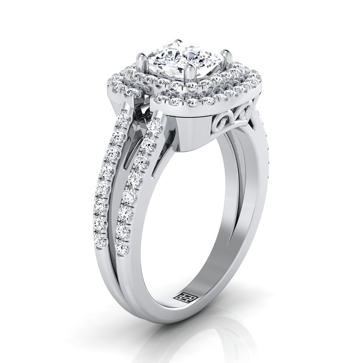 Platinum Cushion Open Double Diamond Row Split Shank และ Halo Engagement Ring -5/8ctw