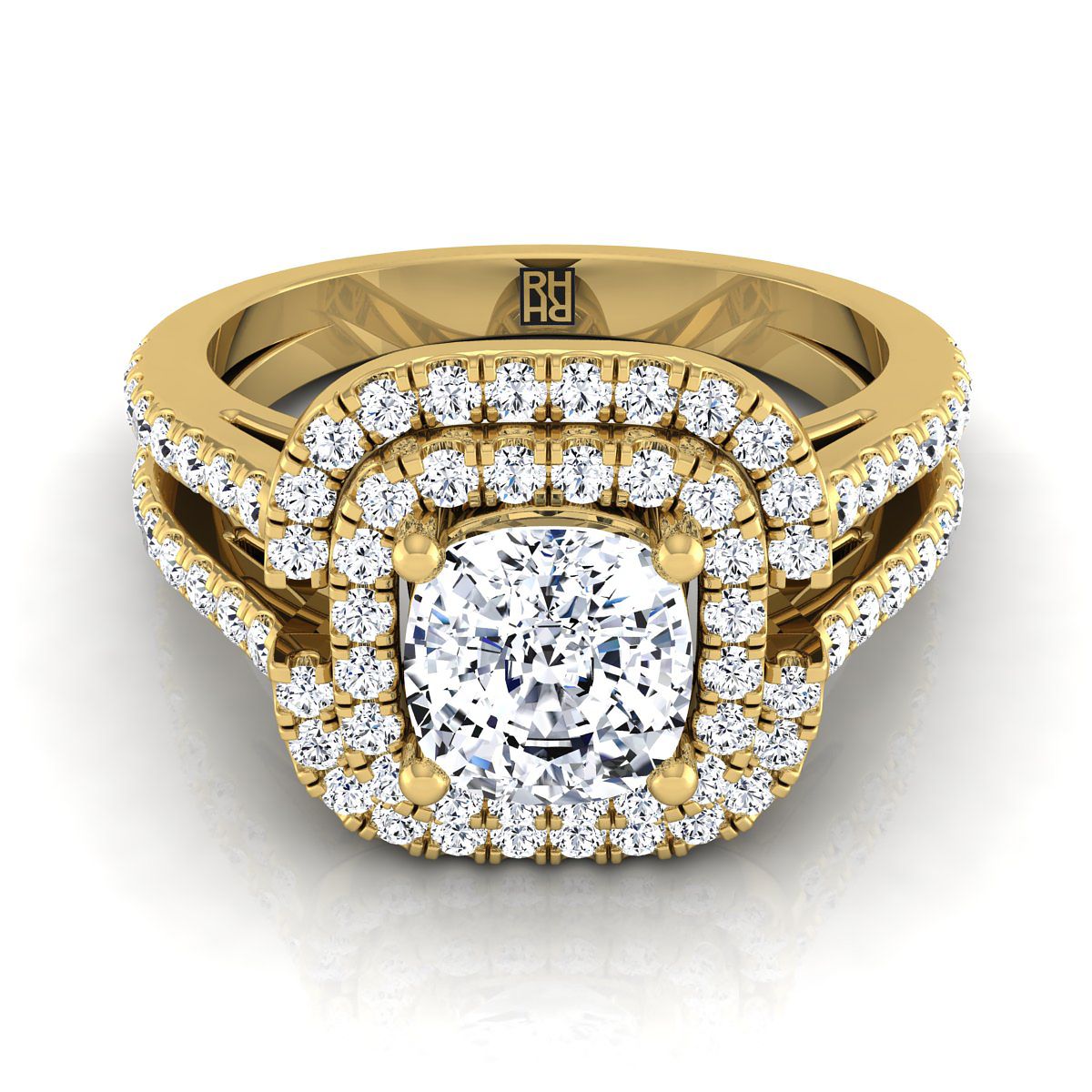 14K Yellow Gold Cushion Open Double Diamond Row Split Shank and Halo Engagement Ring -5/8ctw