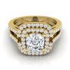 18K Yellow Gold Cushion Open Double Diamond Row Split Shank and Halo Engagement Ring -5/8ctw