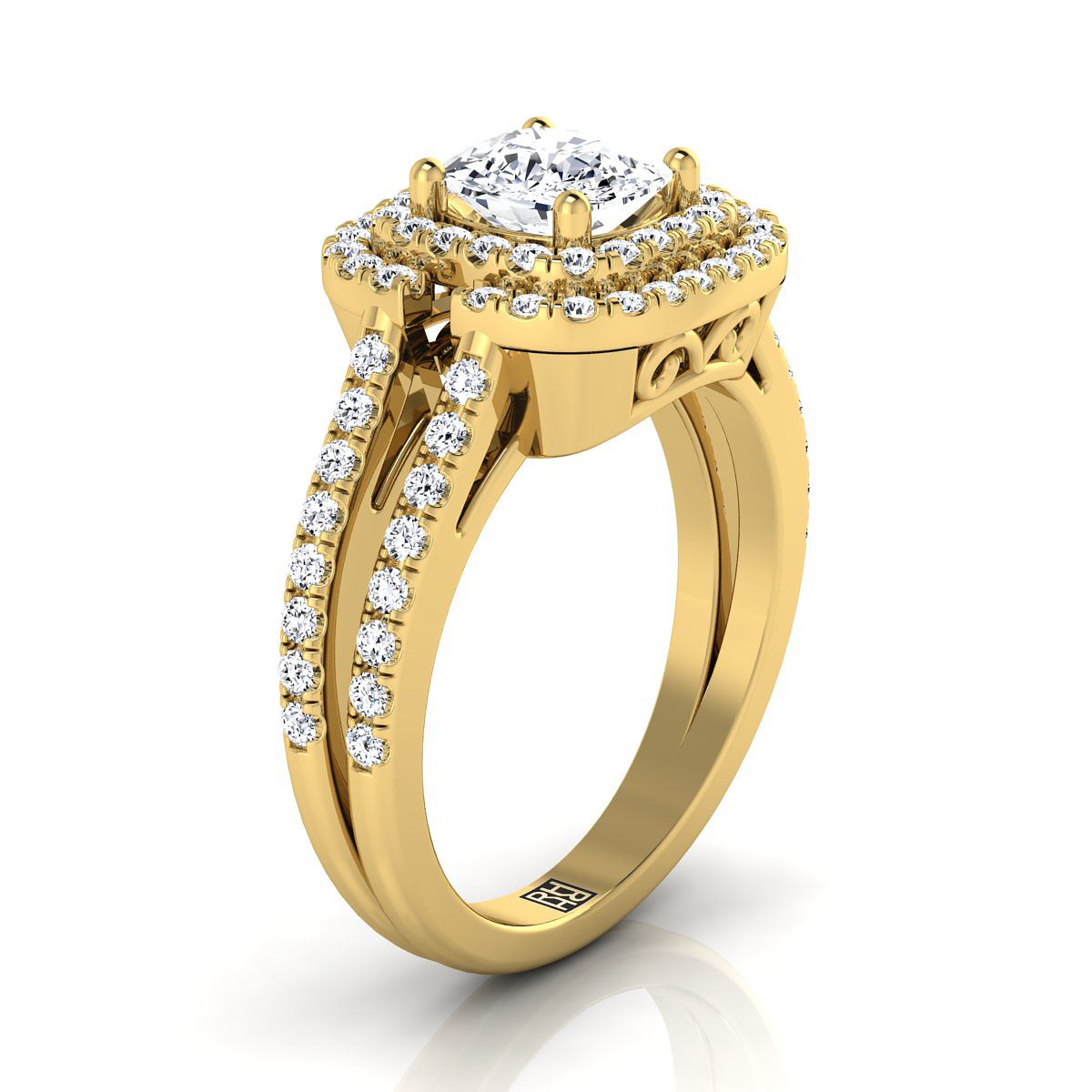 14K Yellow Gold Cushion Open Double Diamond Row Split Shank and Halo Engagement Ring -5/8ctw