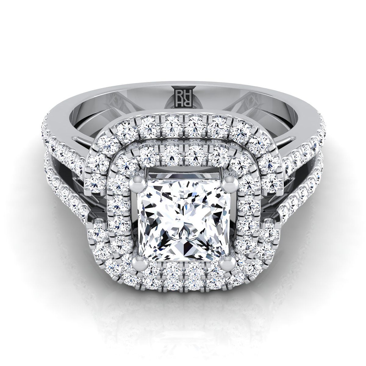 Platinum Princess Cut Open Double Diamond Row Split Shank and Halo Engagement Ring -5/8ctw