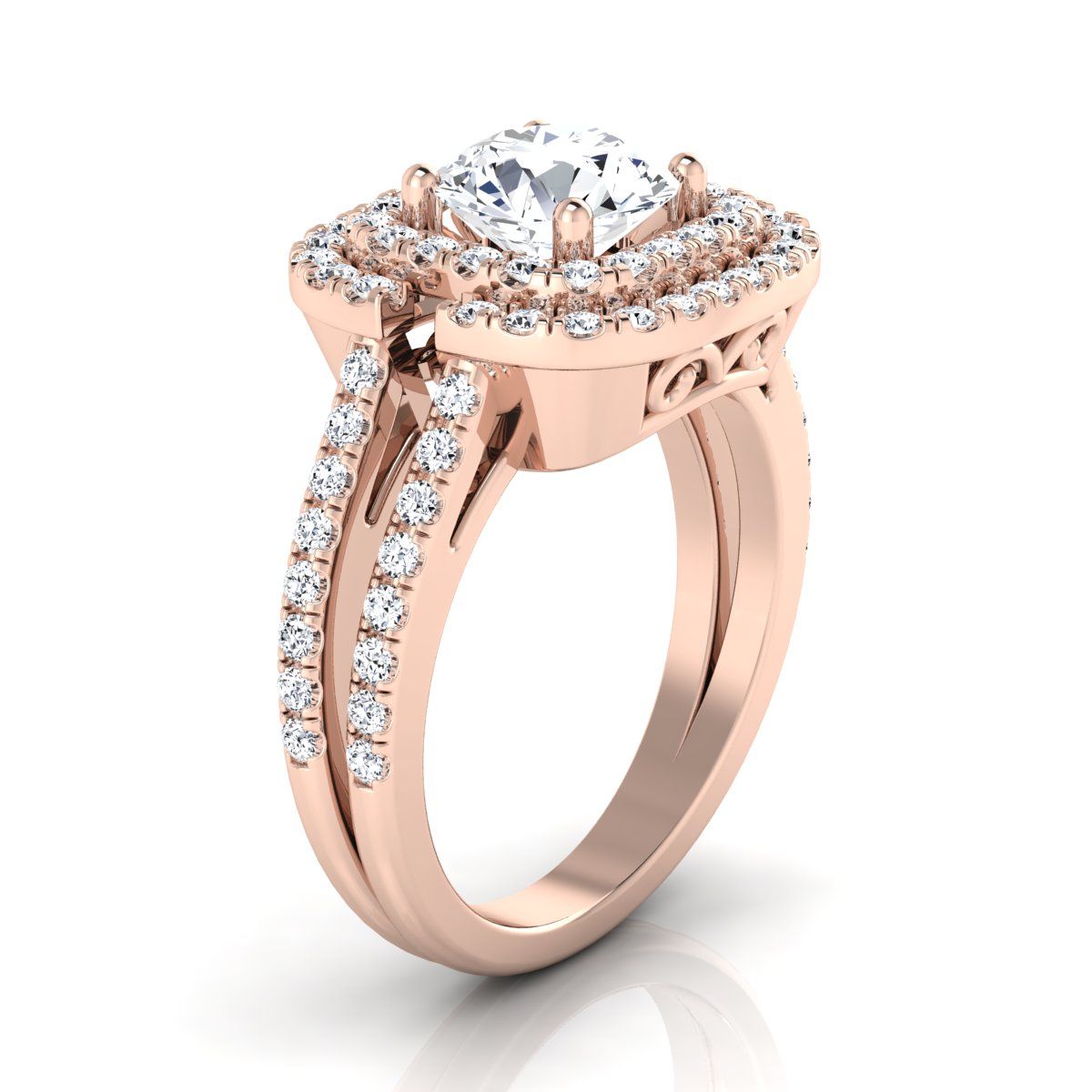 14K Rose Gold Round Brilliant Open Double Diamond Row แยกก้านและแหวนหมั้น Halo -5/8ctw