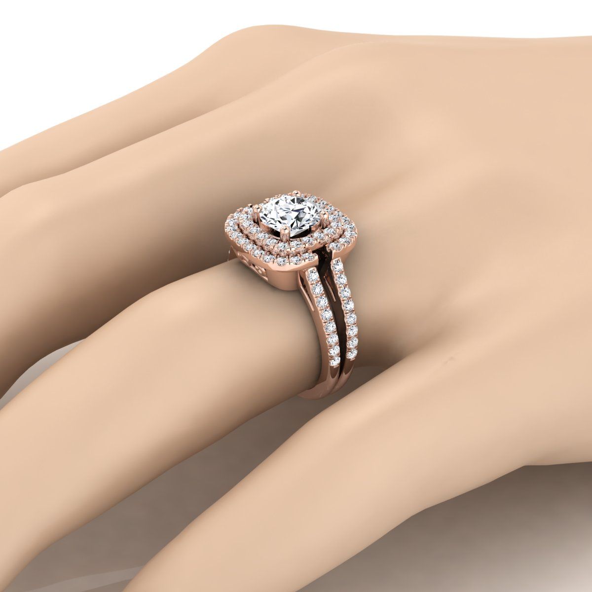 14K Rose Gold Round Brilliant Open Double Diamond Row แยกก้านและแหวนหมั้น Halo -5/8ctw