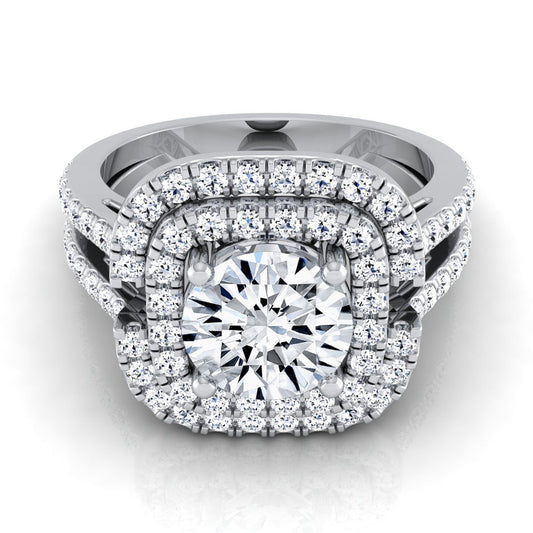 Platinum Round Brilliant Open Double Diamond Row Split Shank and Halo Engagement Ring -5/8ctw