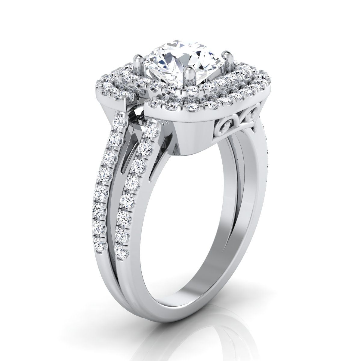 14K White Gold Round Brilliant Open Double Diamond Row Split Shank and Halo Engagement Ring -5/8ctw