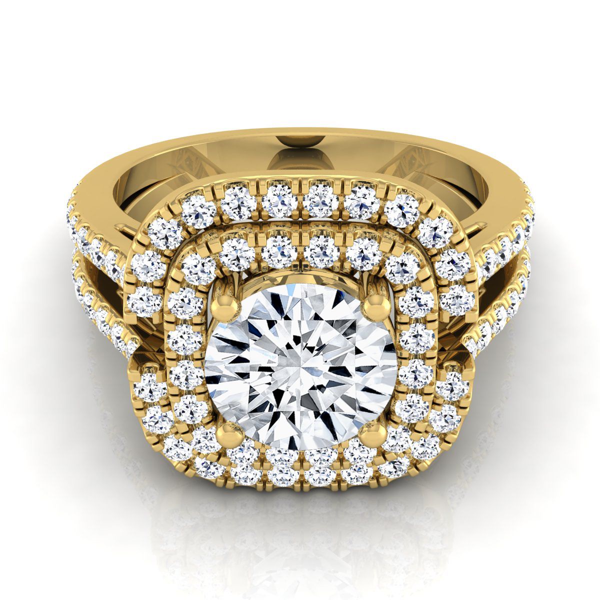 14K สีเหลืองทอง Round Brilliant Open Double Diamond Row แยกก้านและแหวนหมั้น Halo -5/8ctw