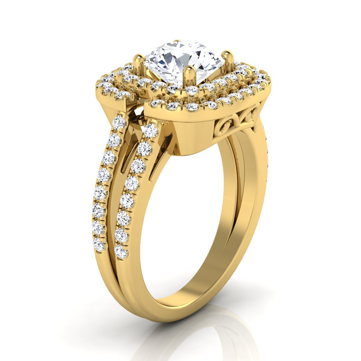 14K Yellow Gold Round Brilliant Open Double Diamond Row Split Shank and Halo Engagement Ring -5/8ctw