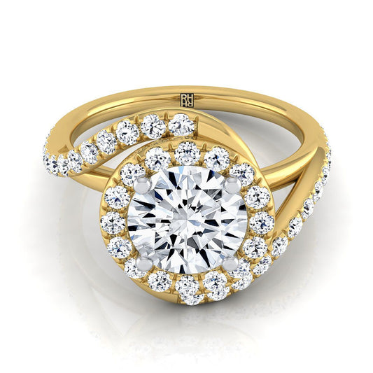 14K Yellow Gold Round Brilliant Diamond French Pave Swirl Twist Halo Engagement Ring -1/2ctw