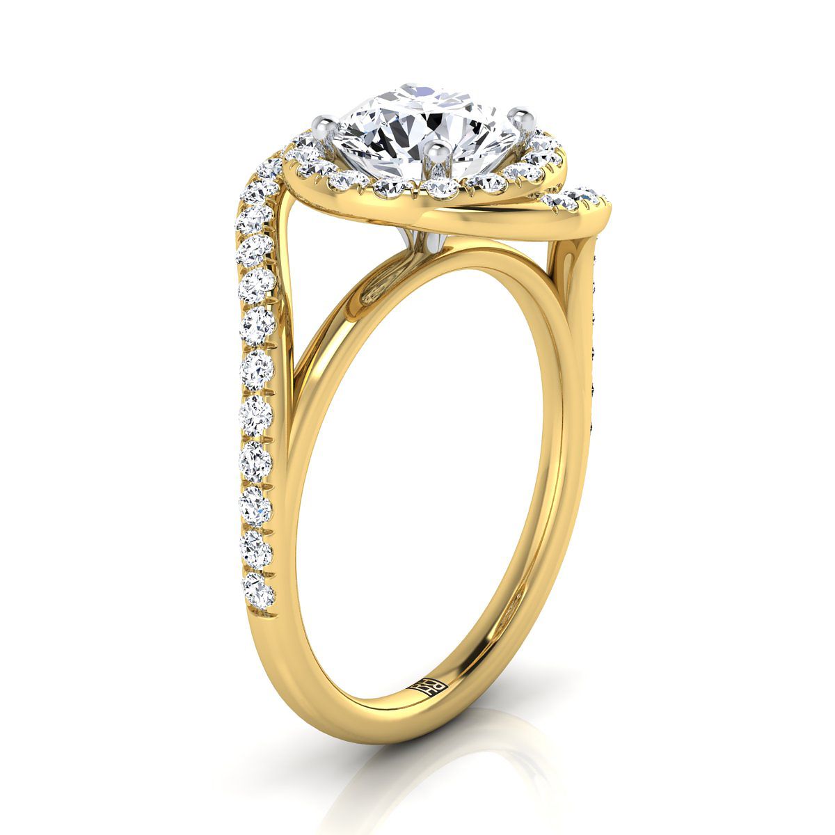 18K Yellow Gold Round Brilliant Diamond French Pave Swirl Twist Halo Engagement Ring -1/2ctw