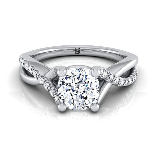 Platinum Cushion Bypass Pave Diamond Twist Engagement Ring -1/6ctw