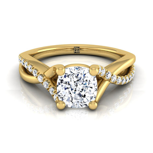 14K Yellow Gold Cushion Bypass Pave Diamond Twist Engagement Ring -1/6ctw