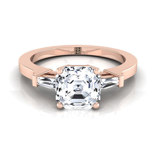 14K Rose Gold Asscher Cut Diamond Tapered Baguette Accent Engagement Ring -1/4ctw