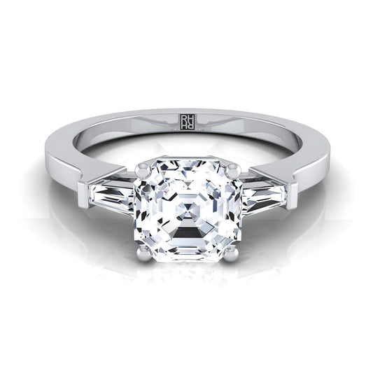 แหวนหมั้นทองคำขาว 18K Asscher Cut Diamond Tapered Baguette Accent -1/4ctw
