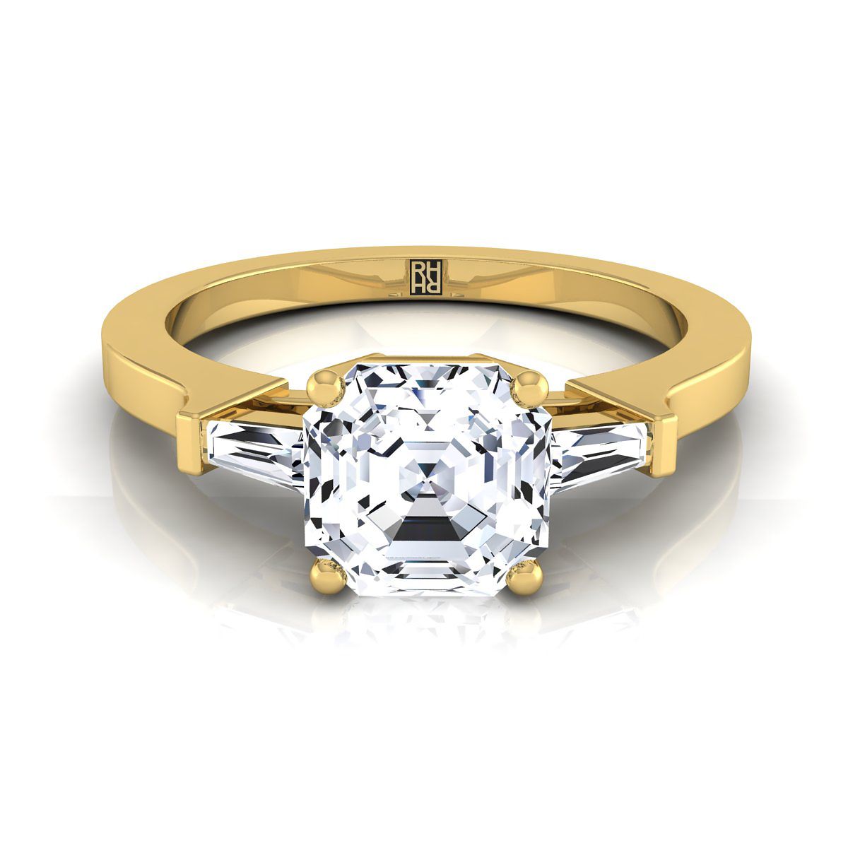 14K Yellow Gold Asscher Cut Diamond Tapered Baguette Accent Engagement Ring -1/4ctw