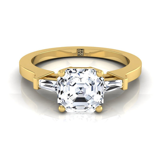 14K Yellow Gold Asscher Cut Diamond Tapered Baguette Accent Engagement Ring -1/4ctw