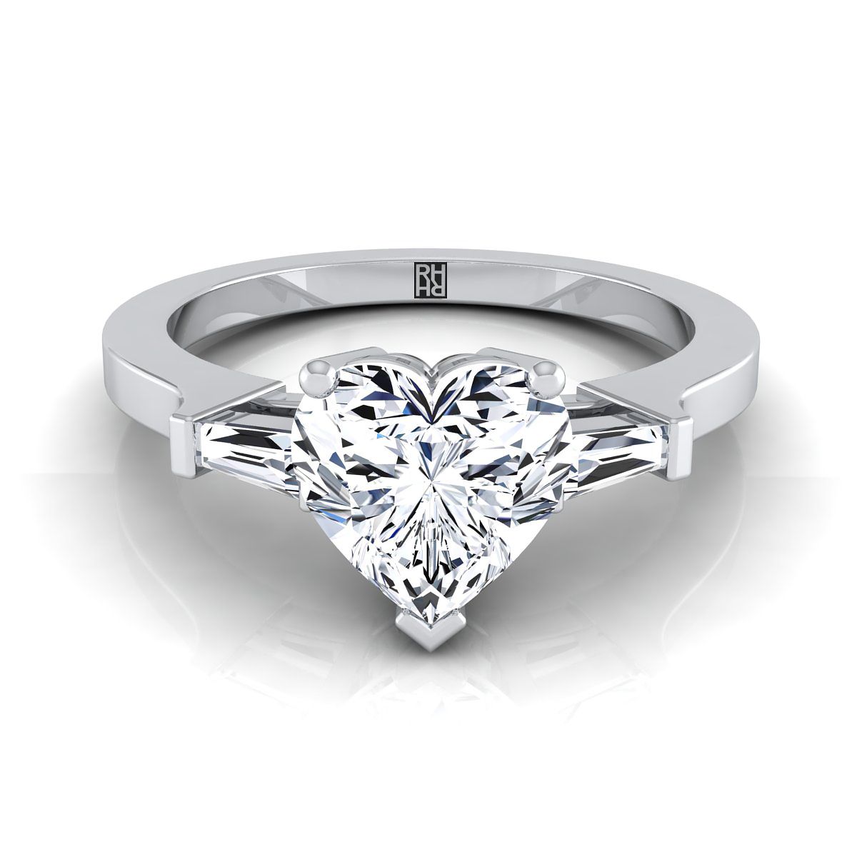 แหวนหมั้นเพชร 18K White Gold Heart Shape Center Diamond Tapered Baguette Accent -1/4ctw