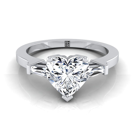 แหวนหมั้นเพชร 18K White Gold Heart Shape Center Diamond Tapered Baguette Accent -1/4ctw