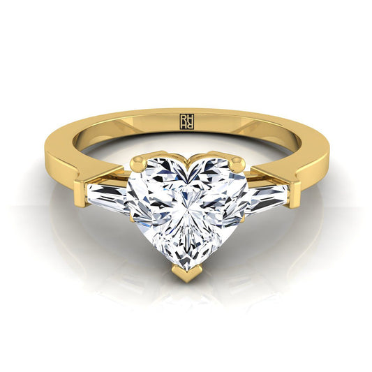 18K Yellow Gold Heart Shape Center Diamond Tapered Baguette Accent Engagement Ring -1/4ctw