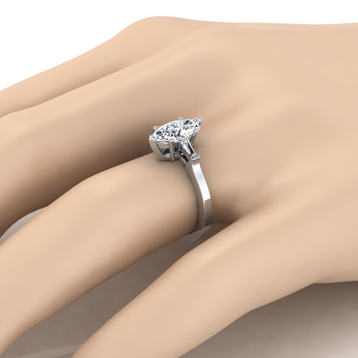 แหวนหมั้นทองคำขาว 18K Marquise Diamond Tapered Baguette Accent -1/4ctw