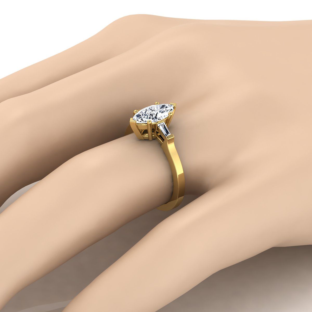 แหวนหมั้นเพชรสีเหลืองทอง 18K Marquise Diamond Tapered Baguette Accent -1/4ctw