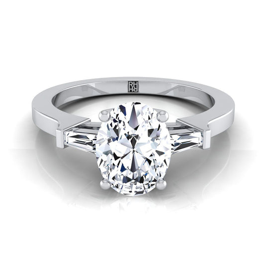 14K White Gold Oval Diamond Tapered Baguette Accent Engagement Ring -1/4ctw