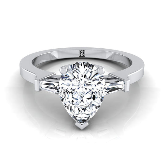 14K White Gold Pear Shape Center Diamond Tapered Baguette Accent Engagement Ring -1/4ctw