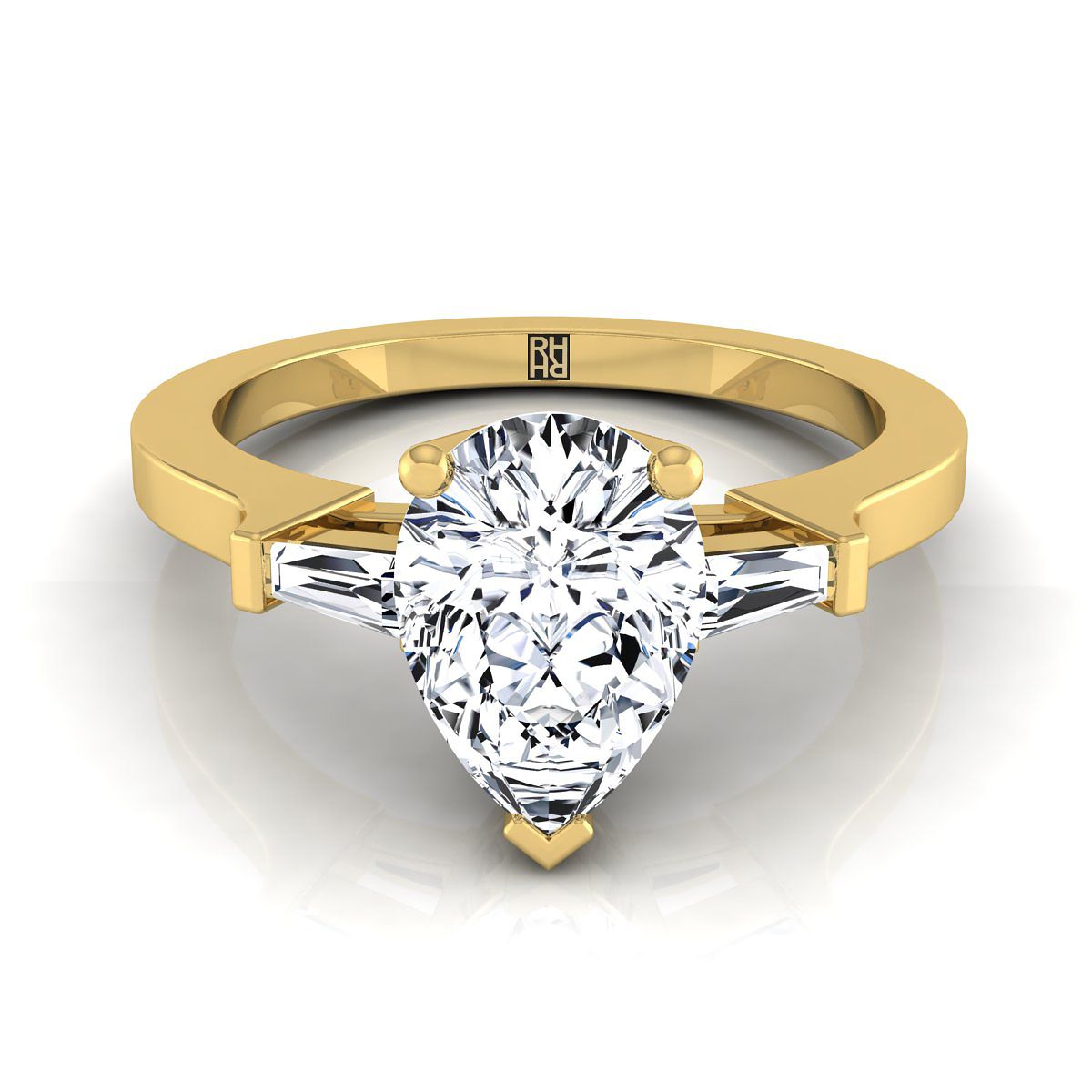 18K Yellow Gold Pear Shape Center Diamond Tapered Baguette Accent Engagement Ring -1/4ctw