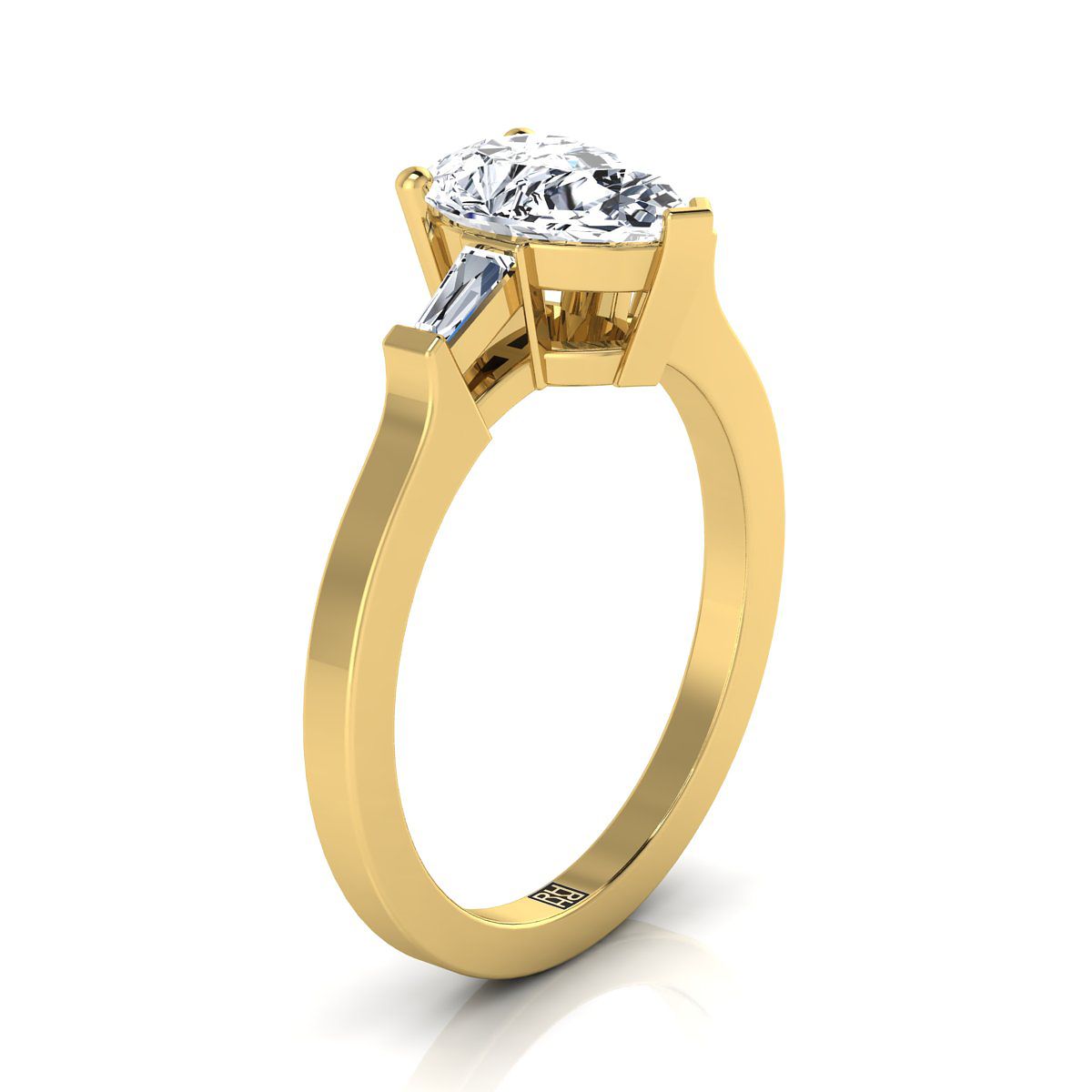 18K Yellow Gold Pear Shape Center Diamond Tapered Baguette Accent Engagement Ring -1/4ctw