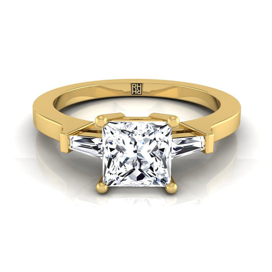 18K Yellow Gold Princess Cut Diamond Tapered Baguette Accent Engagement Ring -1/4ctw