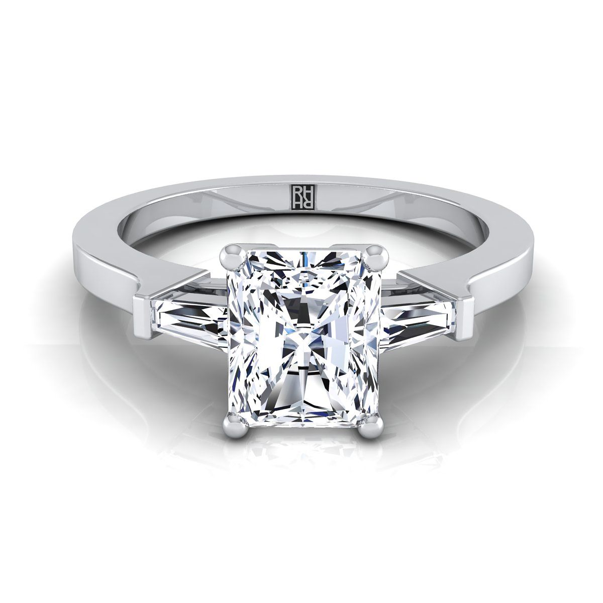 Platinum Radiant Cut Center Diamond Tapered Baguette Accent Engagement Ring -1/4ctw