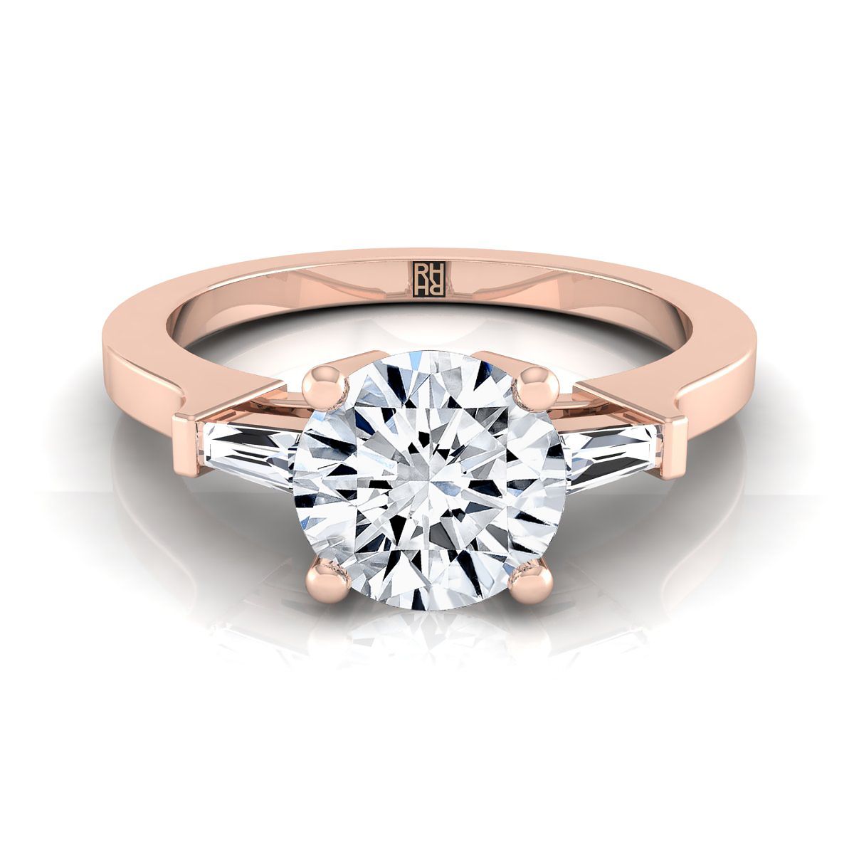 14K Rose Gold Round Brilliant Diamond Tapered Baguette Accent แหวนหมั้น -1/4 กะรัต