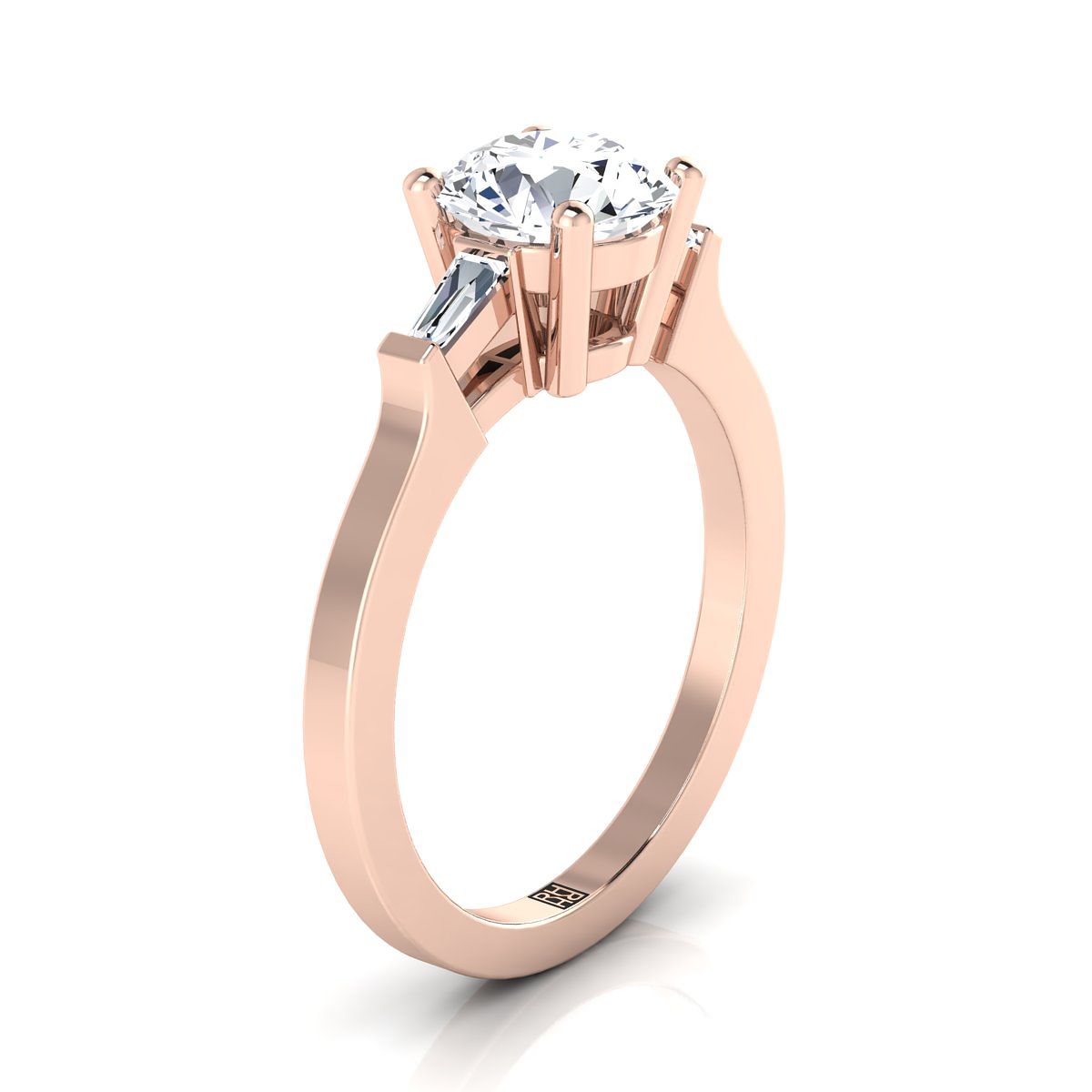 14K Rose Gold Round Brilliant Diamond Tapered Baguette Accent แหวนหมั้น -1/4 กะรัต