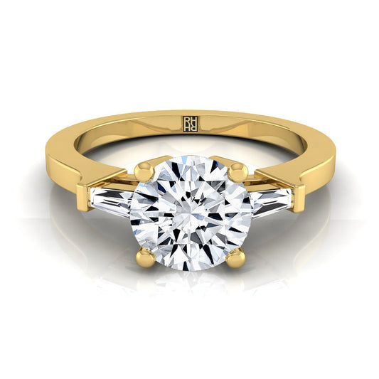 14K Yellow Gold Round Brilliant Diamond Tapered Baguette Accent Engagement Ring -1/4ctw