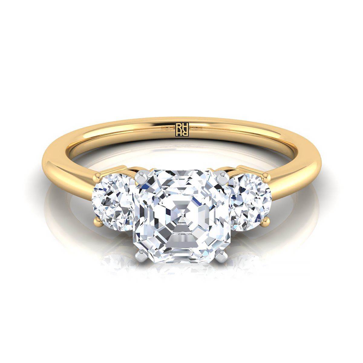 18K Yellow Gold Asscher Cut Diamond Perfectly Matched Round Three Stone Diamond Engagement Ring -1/4ctw
