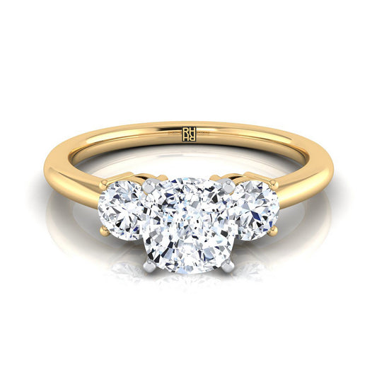 18K Yellow Gold Cushion Diamond Perfectly Matched Round Three Stone Diamond Engagement Ring -1/4ctw