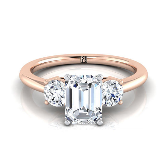 14K Rose Gold Emerald Cut Diamond Round Three Stone Diamond Engagement Ring -1/4ctw