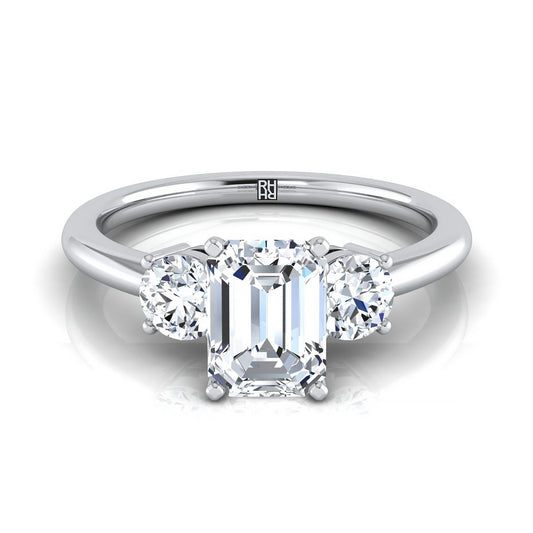 14K White Gold Emerald Cut Diamond Round Three Stone Diamond Engagement Ring -1/4ctw
