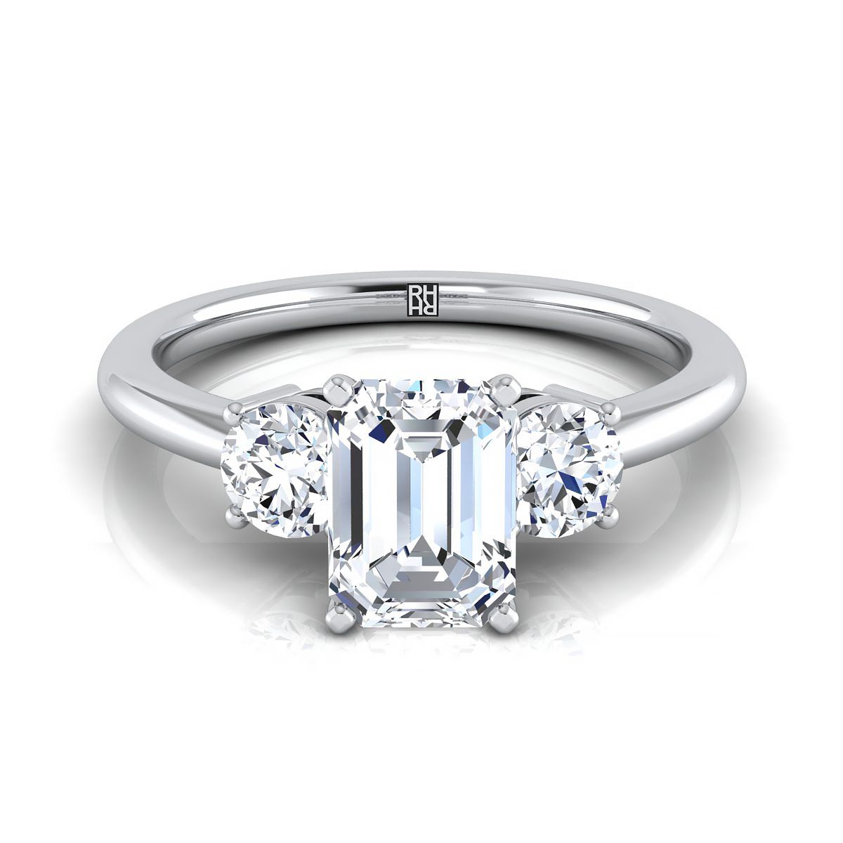 Platinum Emerald Cut Diamond Perfectly Matched Round Three Stone Diamond Engagement Ring -1/4ctw