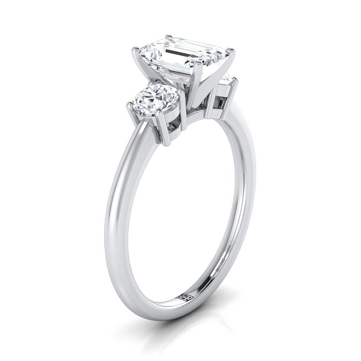 18K White Gold Emerald Cut Diamond Round Three Stone Diamond Engagement Ring -1/4ctw