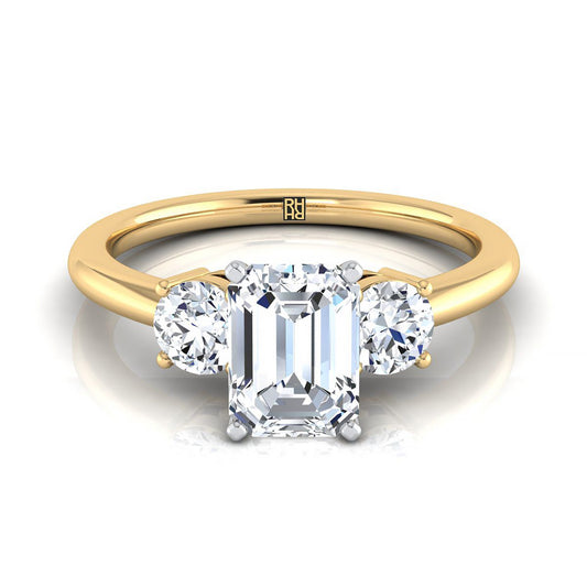 14K Yellow Gold Emerald Cut Diamond Round Three Stone Diamond Engagement Ring -1/4ctw