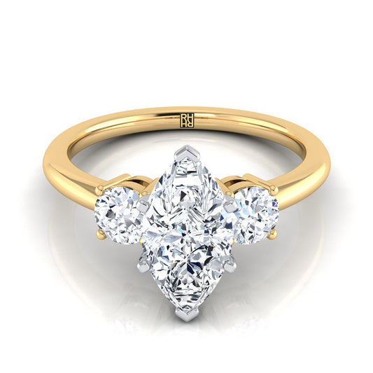 18K Yellow Gold Marquise  Diamond Perfectly Matched Round Three Stone Diamond Engagement Ring -1/4ctw