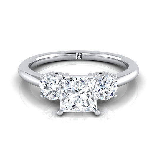 14K White Gold Princess Cut Diamond Perfectly Matched Round Three Stone Diamond Engagement Ring -1/4ctw