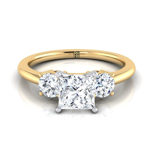 14K Yellow Gold Princess Cut Diamond Perfectly Matched Round Three Stone Diamond Engagement Ring -1/4ctw